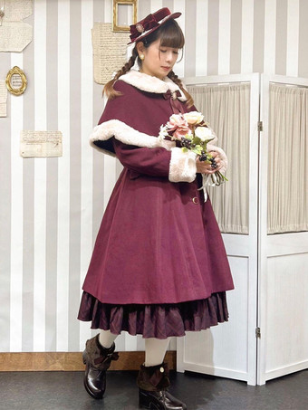 アカデミックロリータコート バーガンディ クリスマス リボン ポリエステル ケープ オーバーコート コート カラーブロック ロリータ アウター 冬