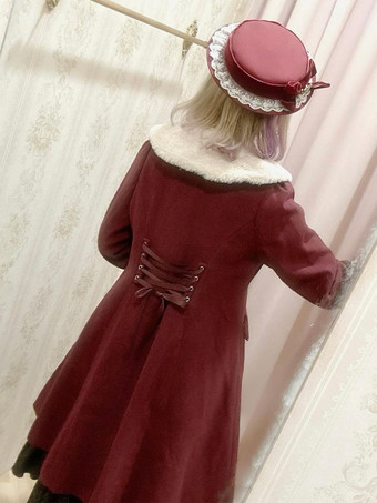 アカデミックロリータコート バーガンディ クリスマス リボン ポリエステル ケープ オーバーコート コート カラーブロック ロリータ アウター 冬