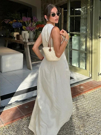 マキシドレス ジュエルネック ノースリーブ ポリエステル ジッパー フロア丈ドレス