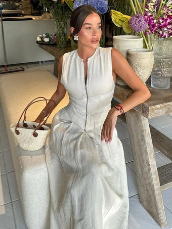 マキシドレス ジュエルネック ノースリーブ ポリエステル ジッパー フロア丈ドレス