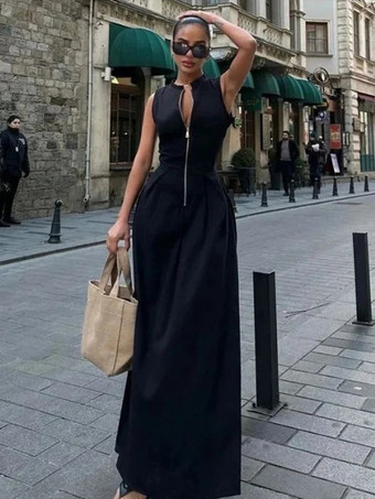 ブラック マキシドレス ジュエルネック ノースリーブ ポリエステル ジッパー フロア丈ドレス