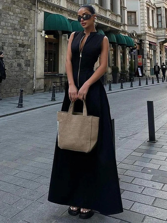 マキシドレス ジュエルネック ノースリーブ ポリエステル ジッパー フロア丈ドレス