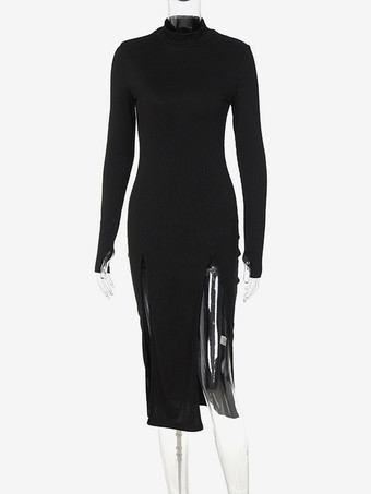 ボディコンドレス ブラック ハイカラー フロントスリット ハイスリット シック ロングスリーブ ペンシルドレス