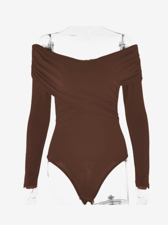 Brun Body à manches longues et col bateau blanc plissé en polyester bicolore chic pour femme