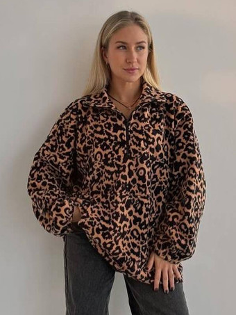 レディース スウェットシャツ ターンダウンカラー アニマルプリント トップス