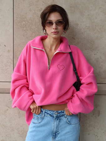 ホットピンクスウェットシャツ ターンダウンカラー ホットピンク オーバーサイズ ポーラーフリース トップス レディース
