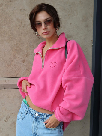スウェットシャツ ターンダウンカラー ホットピンク オーバーサイズ ポーラーフリース トップス レディース