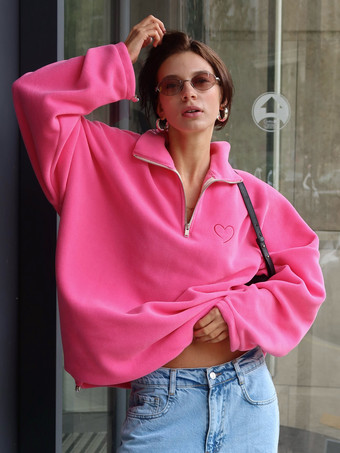 スウェットシャツ ターンダウンカラー ホットピンク オーバーサイズ ポーラーフリース トップス レディース