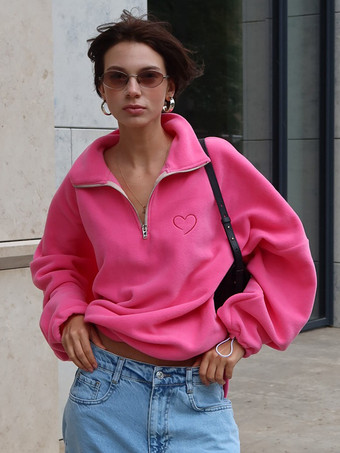 スウェットシャツ ターンダウンカラー ホットピンク オーバーサイズ ポーラーフリース トップス レディース
