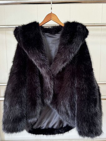 ブラック フード付きフェイクファーコート ハイローデザイン 冬用ジャケット レディース 2025