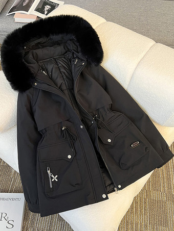 ブラック パーカー ハイカラー ジッパー シックなポケット デイリーカジュアル 冬用ジャケット レディース