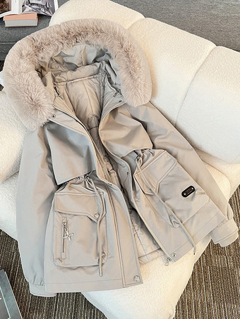 アイボリー パーカー ハイカラー ジッパー シックなポケット デイリーカジュアル 冬用ジャケット レディース