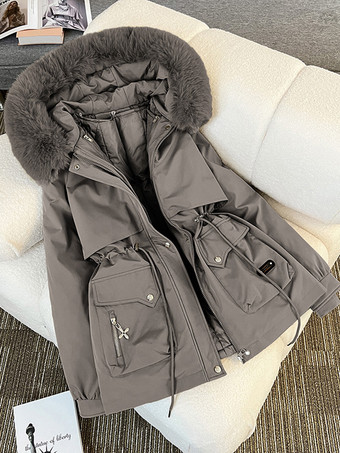 グレイパーカー ハイカラー ジッパー シックなポケット デイリーカジュアル 冬用ジャケット レディース