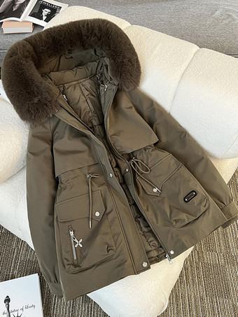 ブラウン パーカー ハイカラー ジッパー シックなポケット デイリーカジュアル 冬用ジャケット レディース