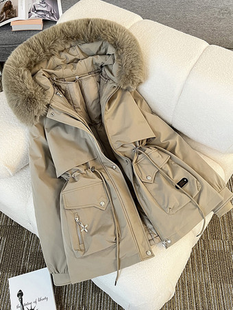 カーキ パーカー ハイカラー ジッパー シックなポケット デイリーカジュアル 冬用ジャケット レディース