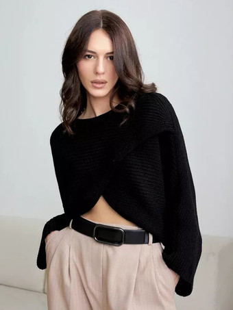 レディース プルオーバー セーター ブラック ジュエルネック 長袖 ポリエステル セーター