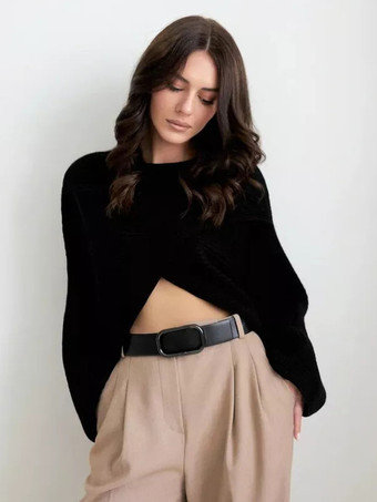 ブラック レディース プルオーバー セーター ブラック ジュエルネック 長袖 ポリエステル セーター