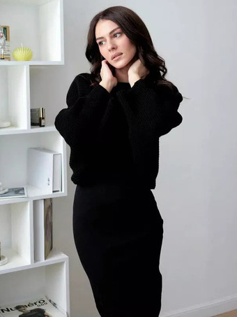 レディース プルオーバー セーター ブラック ジュエルネック 長袖 ポリエステル セーター