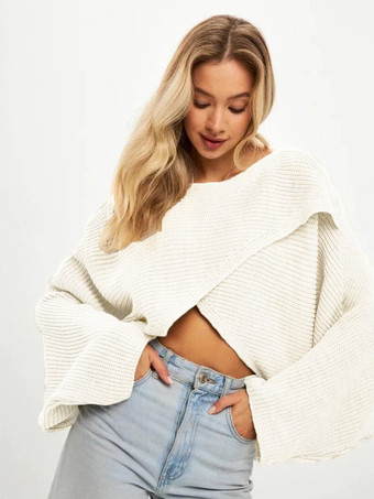 ホワイト レディース プルオーバー セーター ブラック ジュエルネック 長袖 ポリエステル セーター