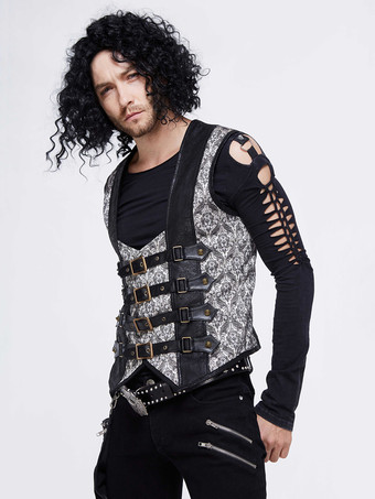 ハロウィン ゴシック パンク メンズ ジャカード パッチワーク ベスト 衣類 ウエストコート コスチューム シルバー トップ