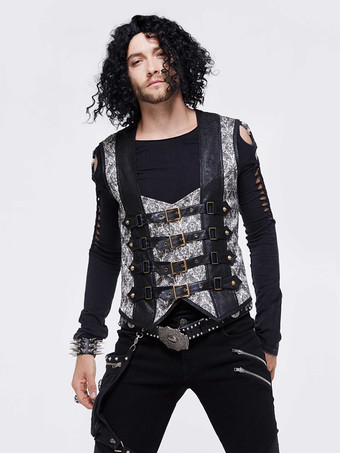 シルバー ハロウィン ゴシック パンク メンズ ジャカード パッチワーク ベスト 衣類 ウエストコート コスチューム シルバー トップ