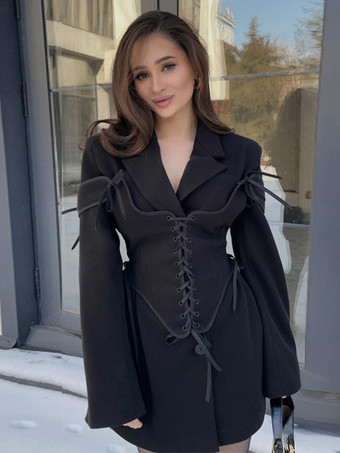 ブラック ブレザードレス ターンダウンカラー ツートン レースアップ 長袖 シックなレディース服 ミニドレス