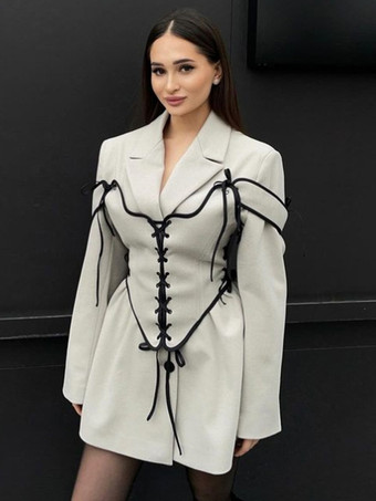 ブレザードレス ターンダウンカラー ツートン レースアップ 長袖 シックなレディース服 ミニドレス