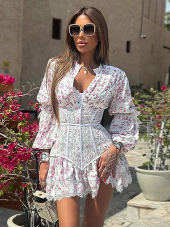 花柄ドレス ミニドレス ドレス 花柄 レース 装飾襟 長袖 シック 秋 ショート