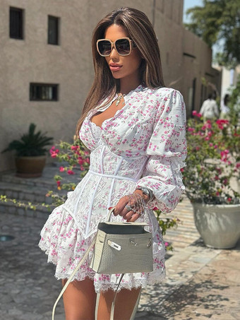 花柄ドレス ミニドレス ドレス 花柄 レース 装飾襟 長袖 シック 秋 ショート