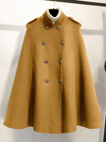 ラクダ色 女性用コート ブラック スタンドカラー 長袖 ボタン レイヤード カジュアル 冬用コート