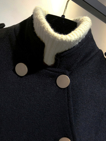 女性用コート ブラック スタンドカラー 長袖 ボタン レイヤード カジュアル 冬用コート