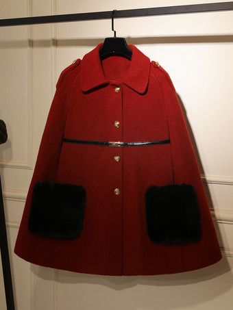 ワインレッド 女性用アウターウェア カラーブロック ターンダウンカラー サッシュ カジュアル レイヤード バーガンディ ラップコート