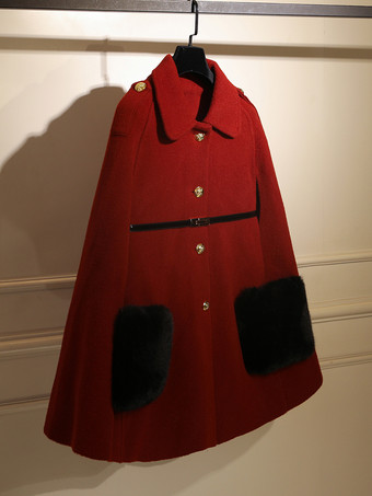 女性用アウターウェア カラーブロック ターンダウンカラー サッシュ カジュアル レイヤード バーガンディ ラップコート