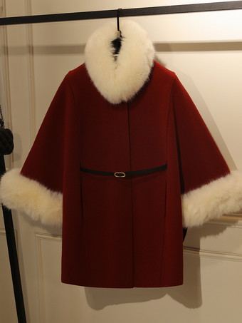 レッド＋ホワイト女性用コート エクリュ ホワイト ハイカラー 長袖 フェイクファー レイヤード エレガント ウールコート