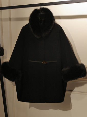 ブラック 女性用コート エクリュ ホワイト ハイカラー 長袖 フェイクファー レイヤード エレガント ウールコート