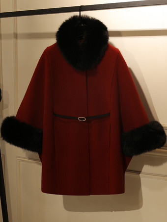 レッド＋ブラック女性用コート エクリュ ホワイト ハイカラー 長袖 フェイクファー レイヤード エレガント ウールコート
