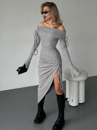 クラブドレス レディース バトーネック シック レースアップ 長袖 ポリエステル アシンメトリー ブラック セクシー ドレス