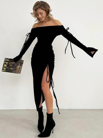 クラブドレス レディース バトーネック シック レースアップ 長袖 ポリエステル アシンメトリー ブラック セクシー ドレス