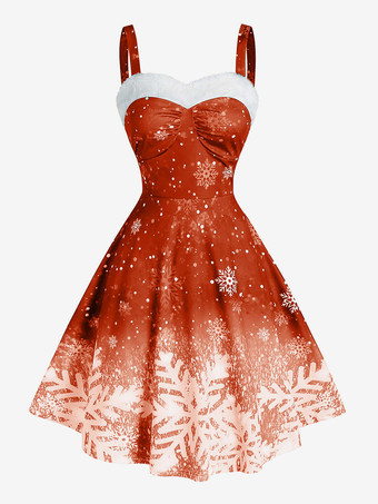 ブリックレッドクリスマス レディース ストラップレス グラデーション スノーフレーク プリント ヴィンテージ ドレス