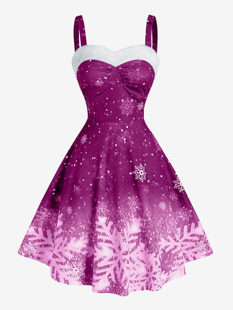 フクシア クリスマス レディース ストラップレス グラデーション スノーフレーク プリント ヴィンテージ ドレス