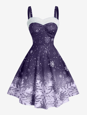 パープル クリスマス レディース ストラップレス グラデーション スノーフレーク プリント ヴィンテージ ドレス