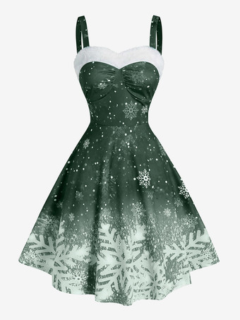 グリーン クリスマス レディース ストラップレス グラデーション スノーフレーク プリント ヴィンテージ ドレス