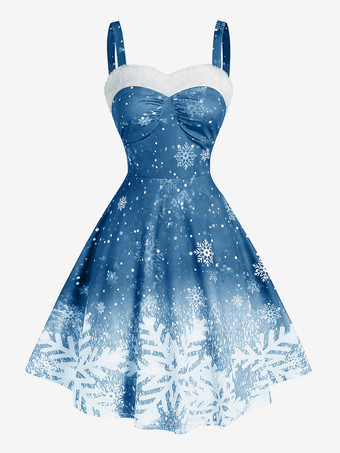 ブルー クリスマス レディース ストラップレス グラデーション スノーフレーク プリント ヴィンテージ ドレス