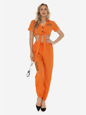 オレンジ ハロウィン ストライプ柄婦人警官囚人制服コスチューム 3点トップ半袖セット