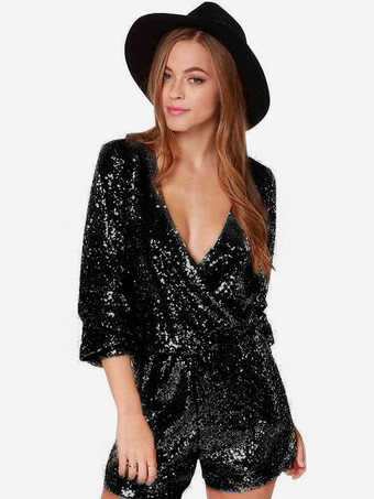 ブラック クラブジャンプスーツ スパンコール Vネック スパンコール 長袖 セクシーな大人のクラブウェア