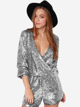 シルバー クラブジャンプスーツ スパンコール Vネック スパンコール 長袖 セクシーな大人のクラブウェア