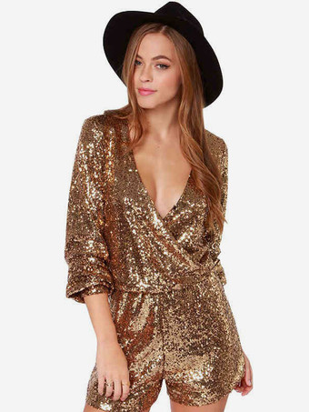 ゴールド クラブジャンプスーツ スパンコール Vネック スパンコール 長袖 セクシーな大人のクラブウェア