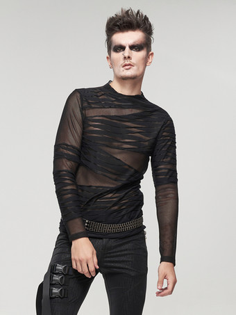 ハロウィン ニットTシャツ パンクスタイル トップス 長袖 プルオーバー シースルー トレンディ シャツ