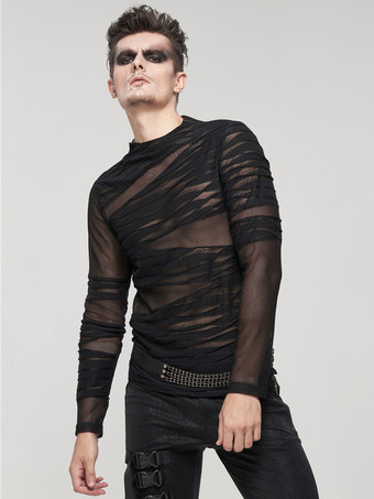 ブラック ハロウィン ニットTシャツ パンクスタイル トップス 長袖 プルオーバー シースルー トレンディ シャツ