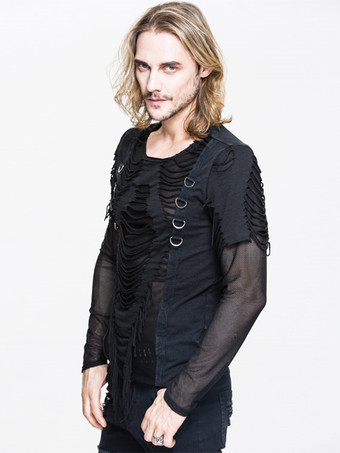ハロウィン ゴシック メンズ パンクロックスタイル スリムフィット トップ シアー Tシャツ